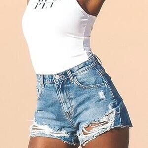 Light wash distressed denim shorts